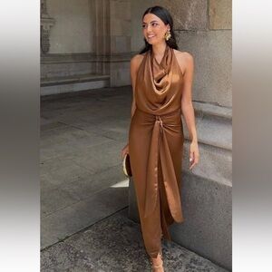 Zara NWT brown halter top ruched draped cowl neck midi satin dress